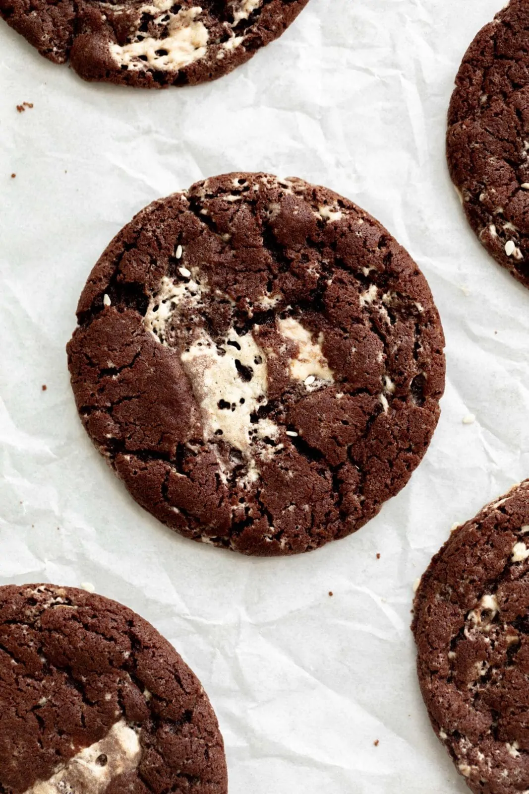 chocolate halva cookies on parchment paper