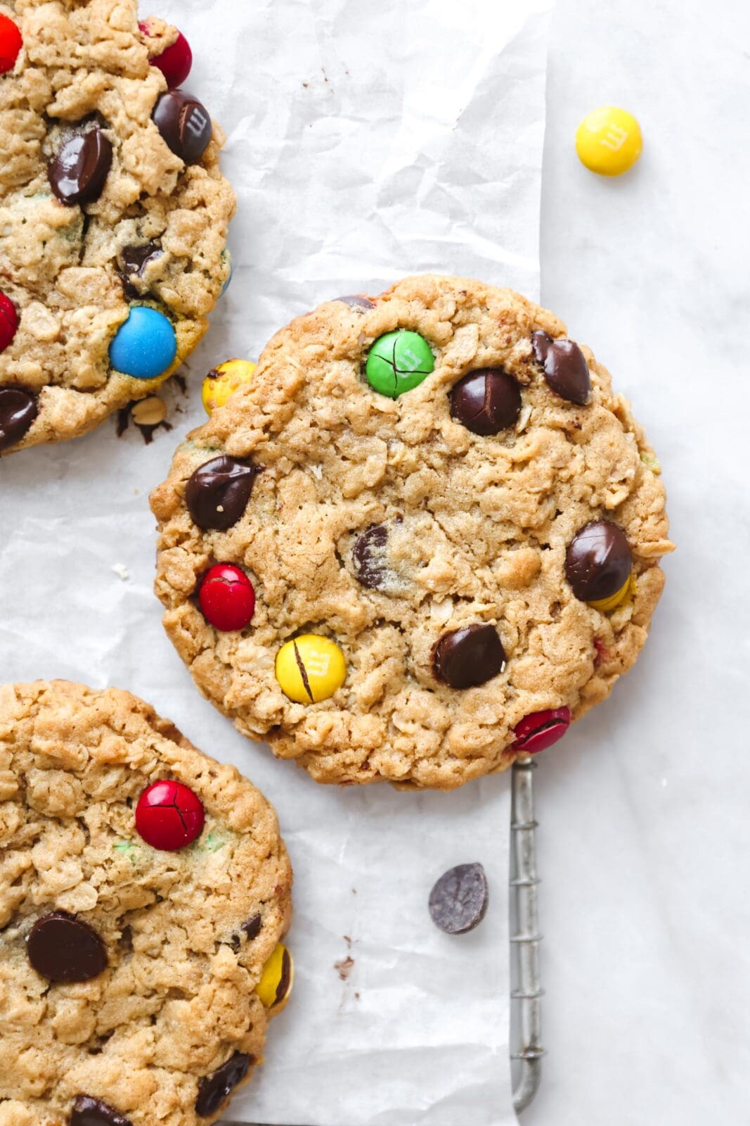 monster cookies on cookie sheet