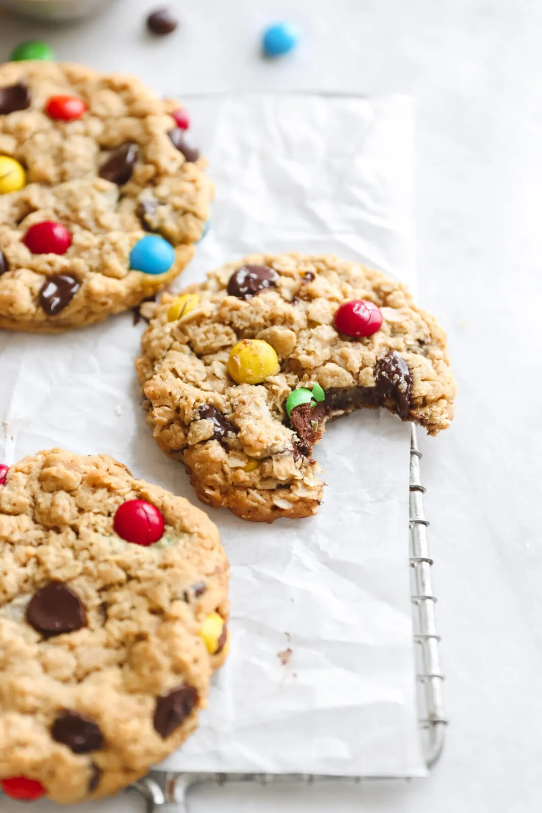 monster cookies on cookie sheet