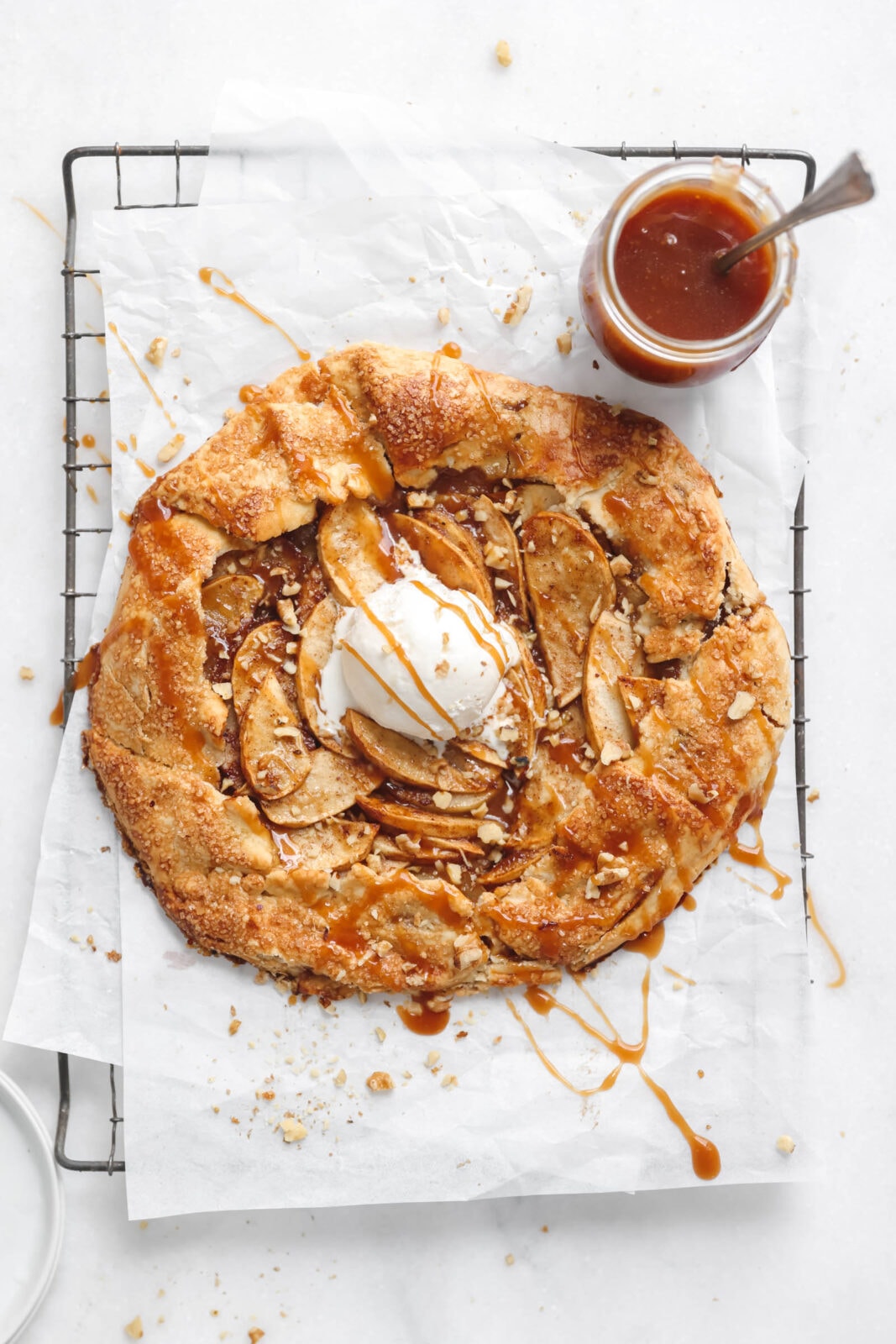 salted caramel apple galette drizzled with caramel