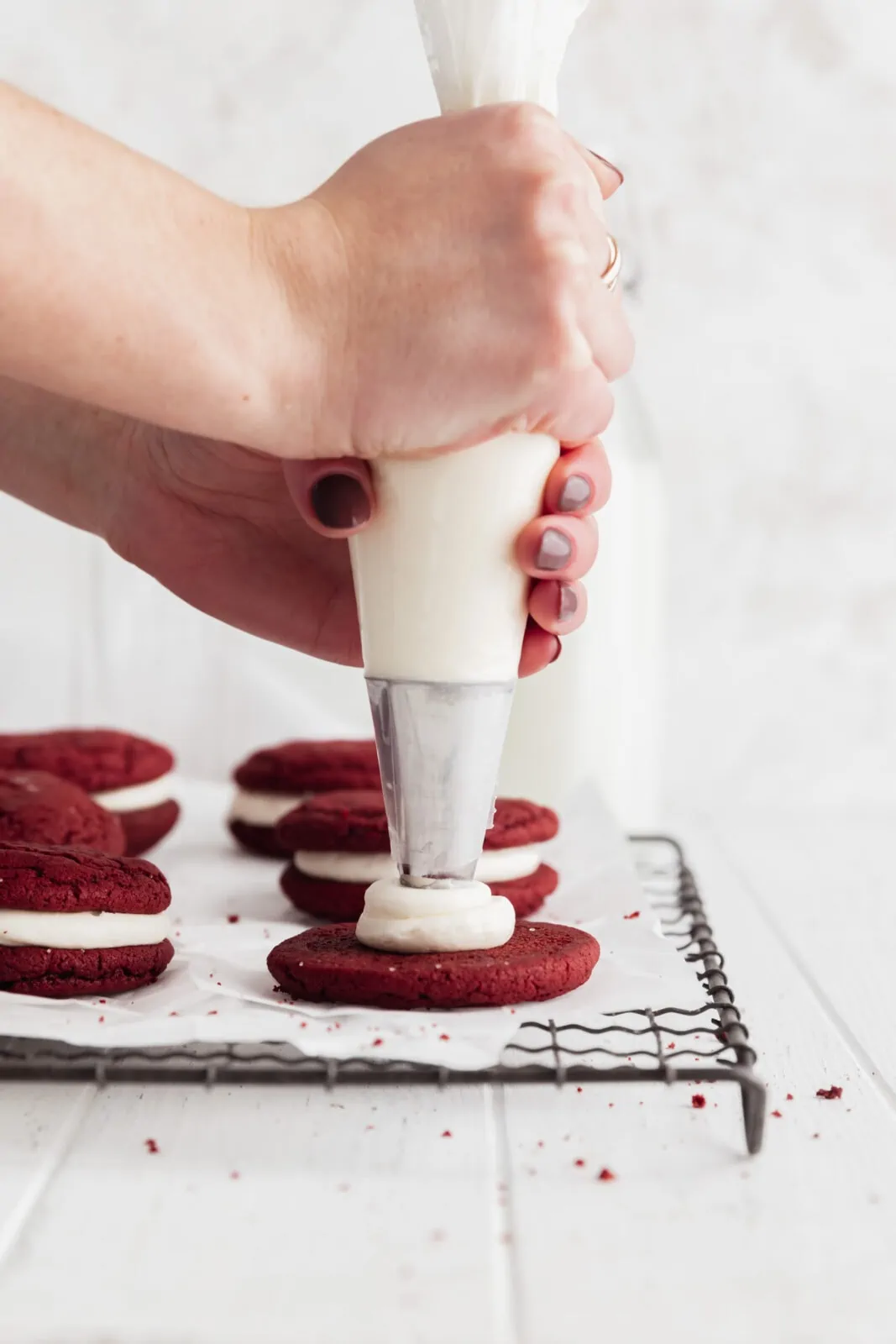 red velvet and white chocolate sandwich cookies