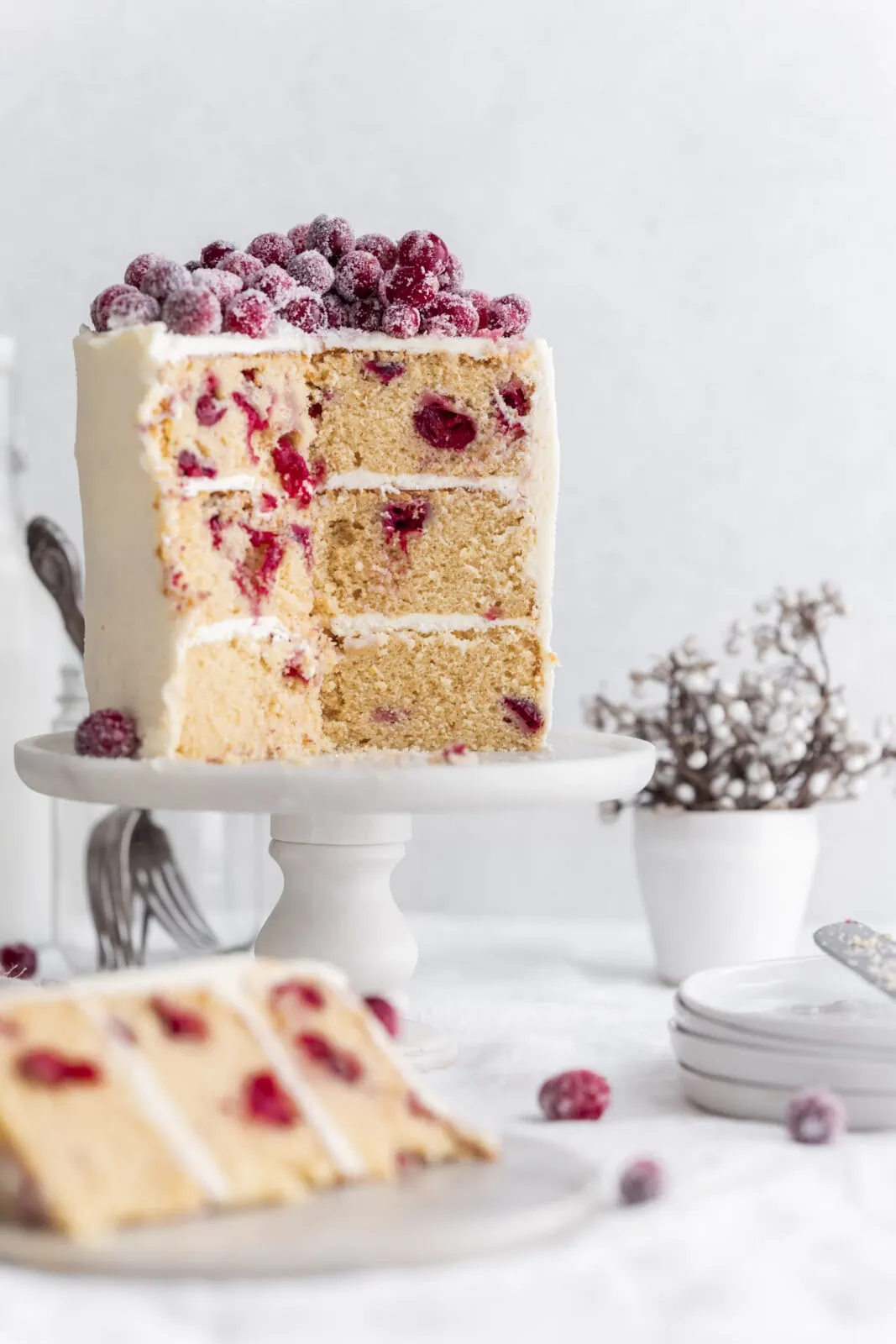 white chocolate cranberry cake with a slice taken out