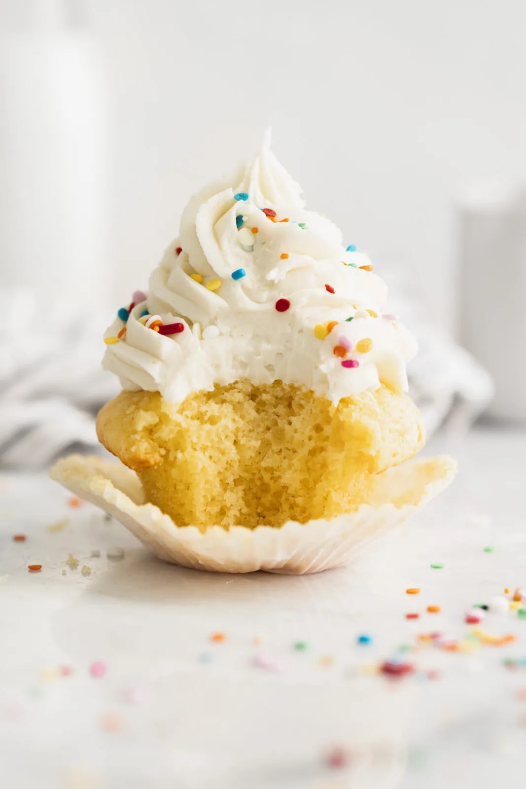 single serve vanilla cupcake with vanilla frosting