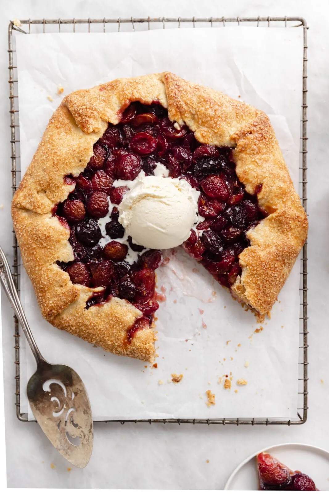 cherry galette with a slice taken out