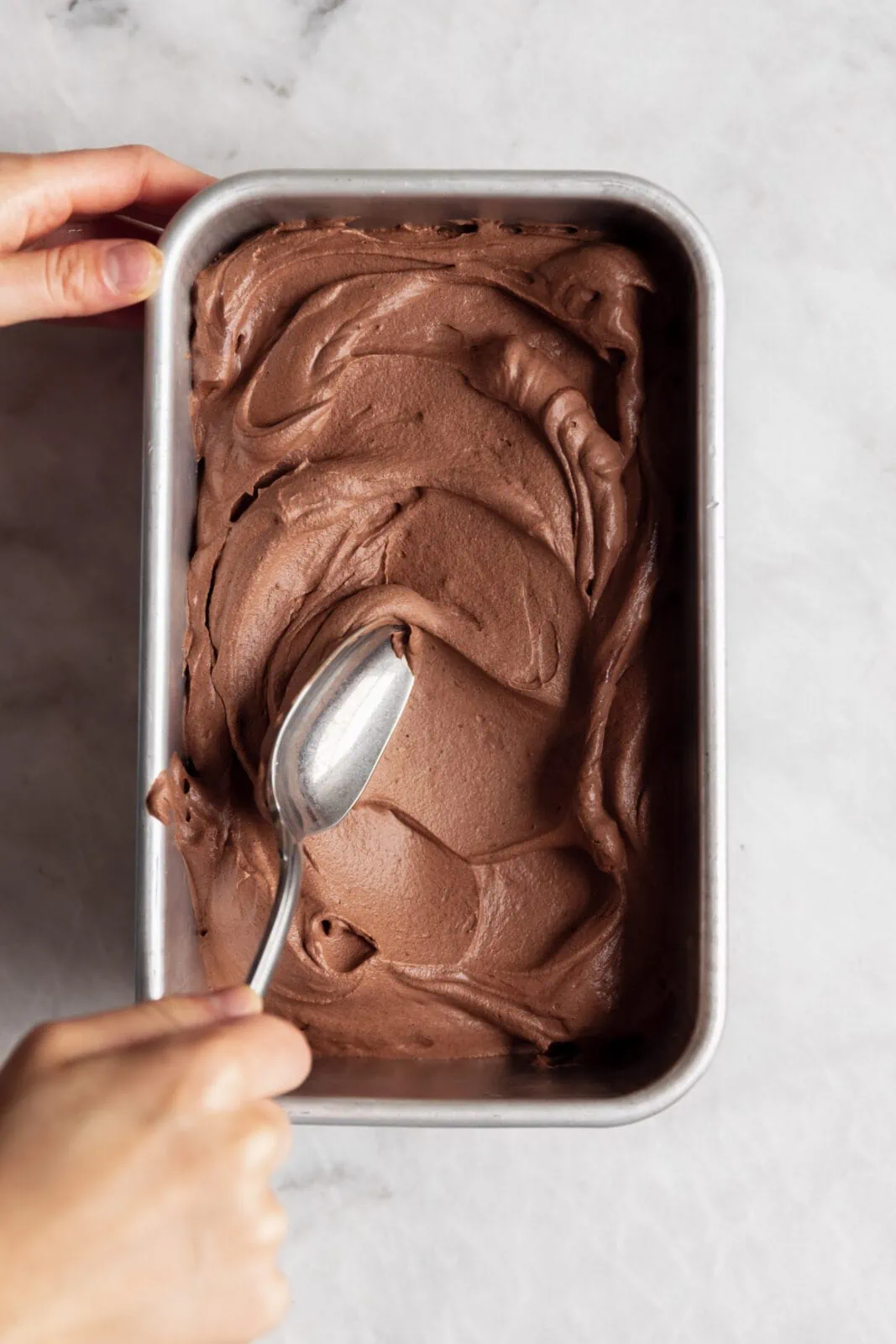 no churn chocolate ice cream in a loaf pan