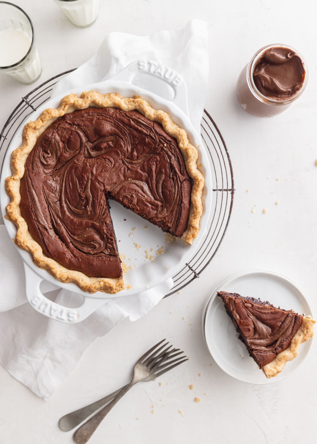 nutella brownie pie with slices cut out