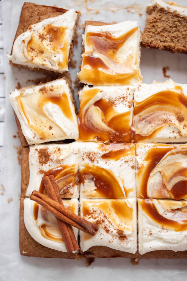 spice sheet cake with caramel frosting