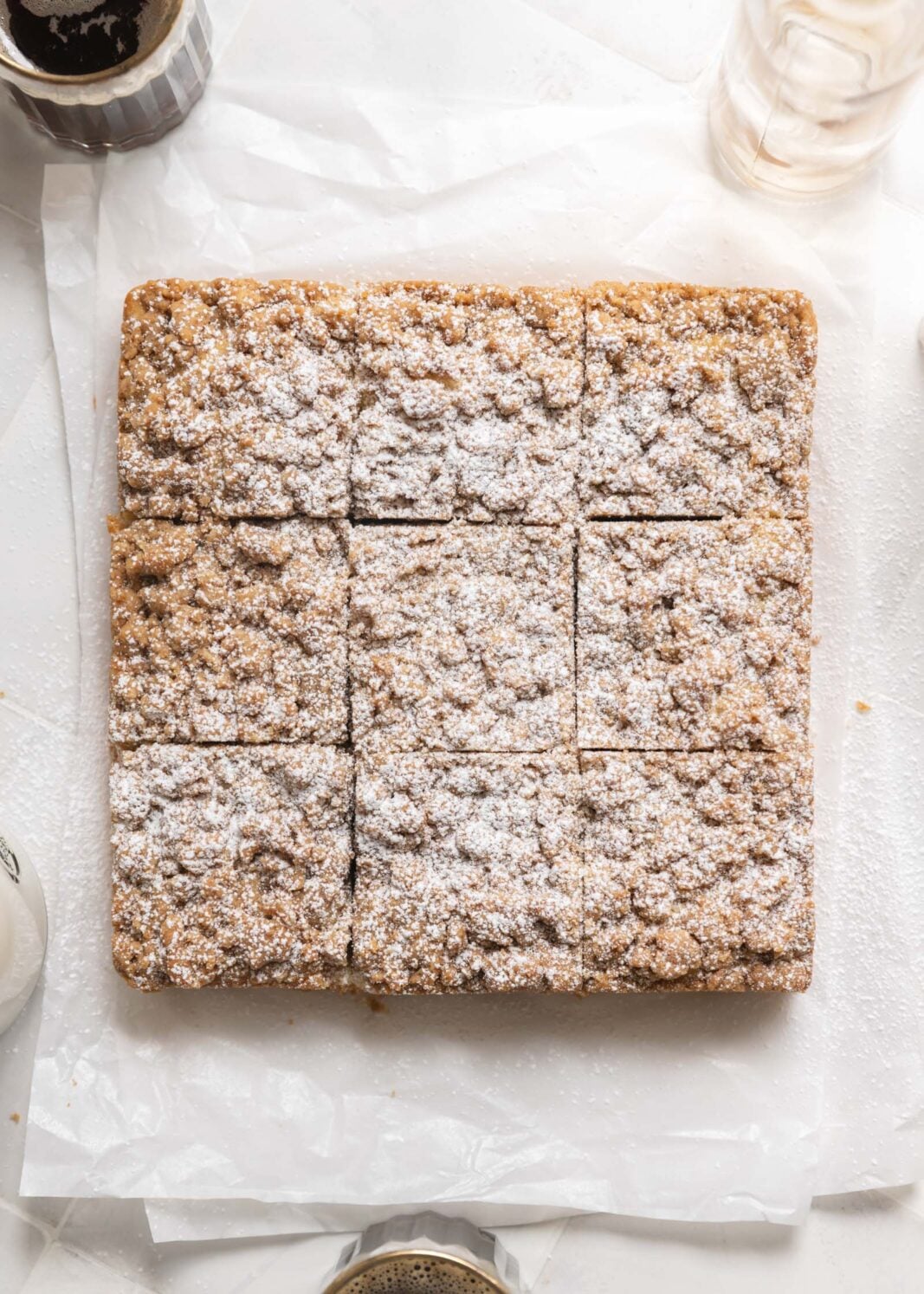 classic crumb cake with powdered suagar on top